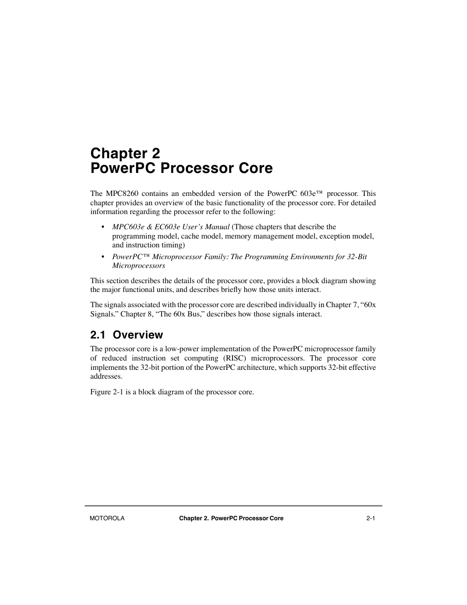 Chapter2 powerpc processor core, 1 overview, Chapter 2 | Powerpc processor core, Overview -1, Chapter 2, òpowerpc processor core, Chapter 2 powerpc processor core | Motorola MPC8260 User Manual | Page 89 / 1006