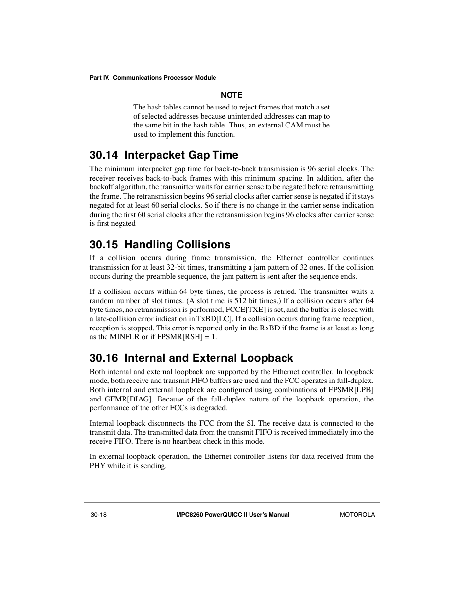 14 interpacket gap time, 15 handling collisions, 16 internal and external loopback | Interpacket gap time -18, Handling collisions -18, Internal and external loopback -18 | Motorola MPC8260 User Manual | Page 892 / 1006