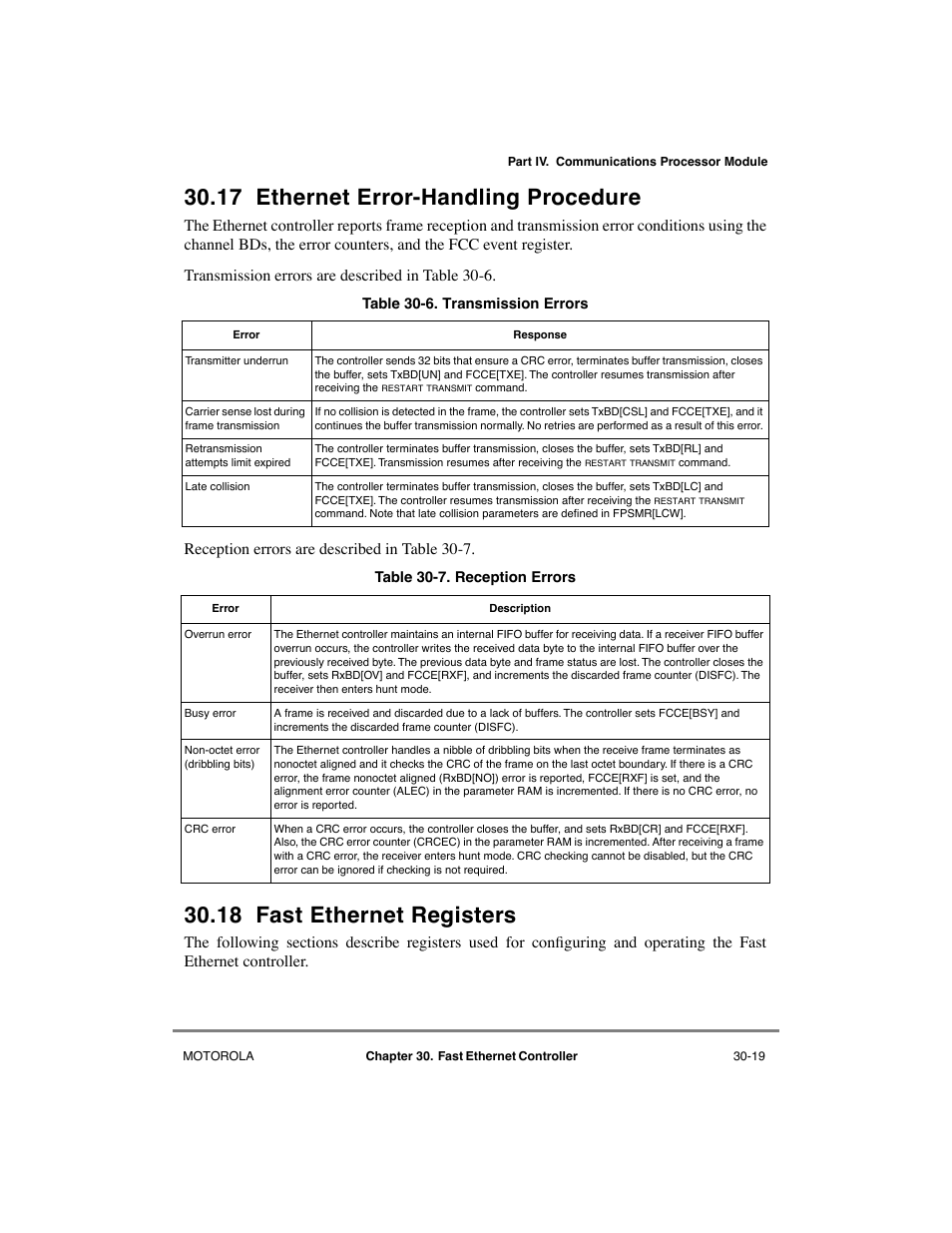 17 ethernet error-handling procedure, 18 fast ethernet registers, Ethernet error-handling procedure -19 | Fast ethernet registers -19, Transmission errors -19 | Motorola MPC8260 User Manual | Page 893 / 1006
