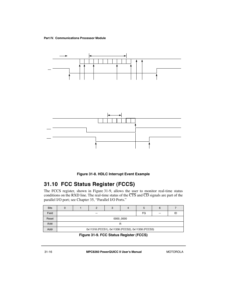10 fcc status register (fccs), Fcc status register (fccs) -16, Hdlc interrupt event example -16 | 10/31-16 (hdlc) | Motorola MPC8260 User Manual | Page 918 / 1006