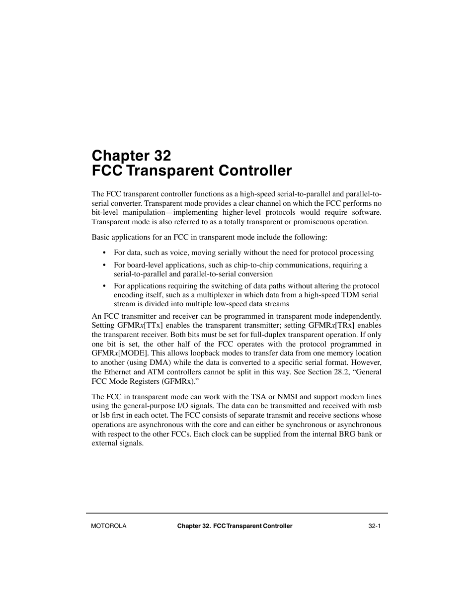 Chapter32 fcc transparent controller, Chapter 32, Fcc transparent controller | Chapter 32, òfcc transparent controller, Chapter 32 fcc transparent controller | Motorola MPC8260 User Manual | Page 921 / 1006