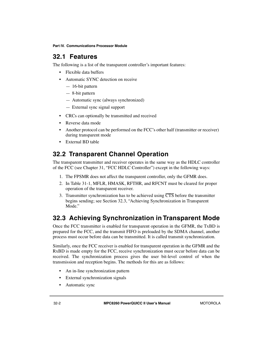 1 features, 2 transparent channel operation, 3 achieving synchronization in transparent mode | Features -2, Transparent channel operation -2, Achieving synchronization in transparent mode -2 | Motorola MPC8260 User Manual | Page 922 / 1006