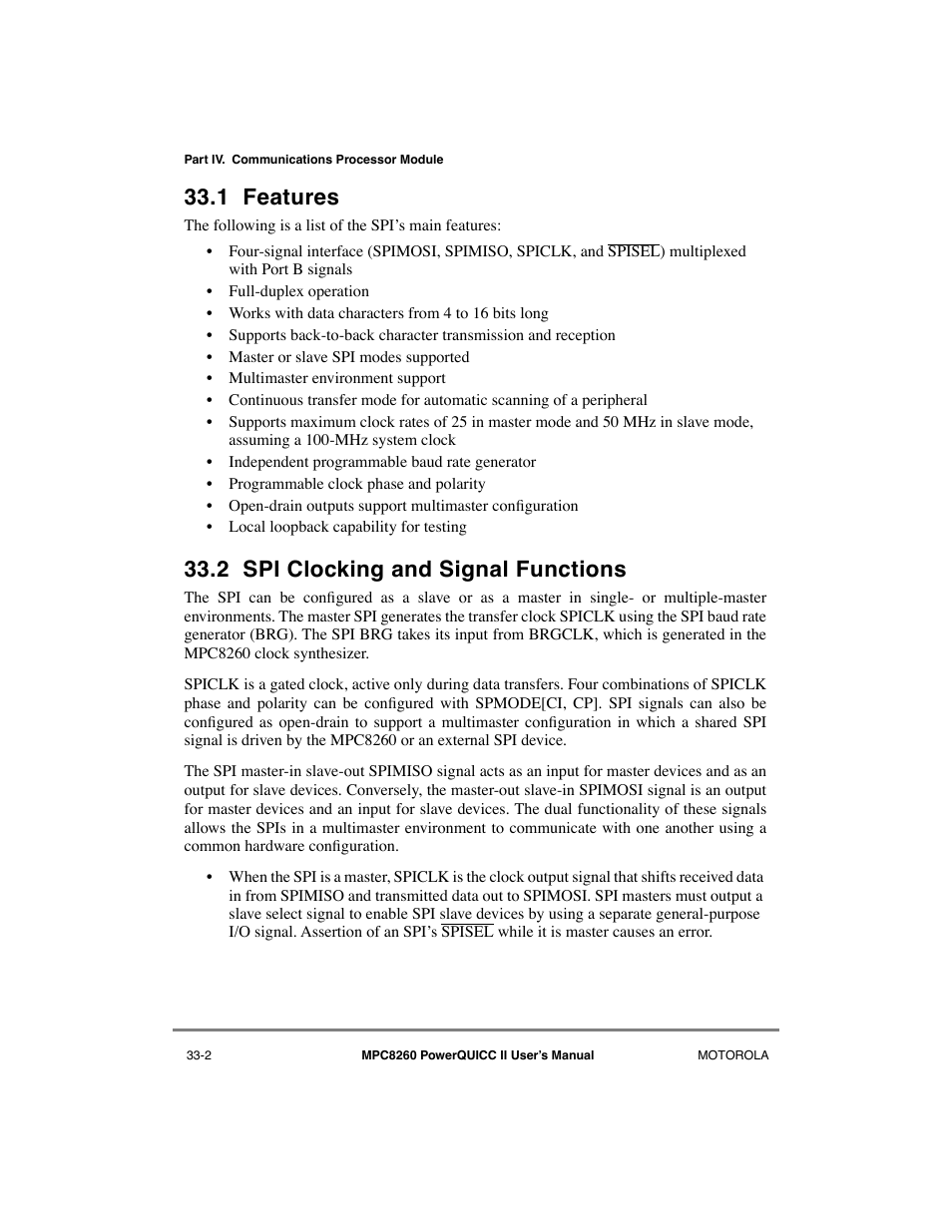 1 features, 2 spi clocking and signal functions, Features -2 | Spi clocking and signal functions -2 | Motorola MPC8260 User Manual | Page 926 / 1006