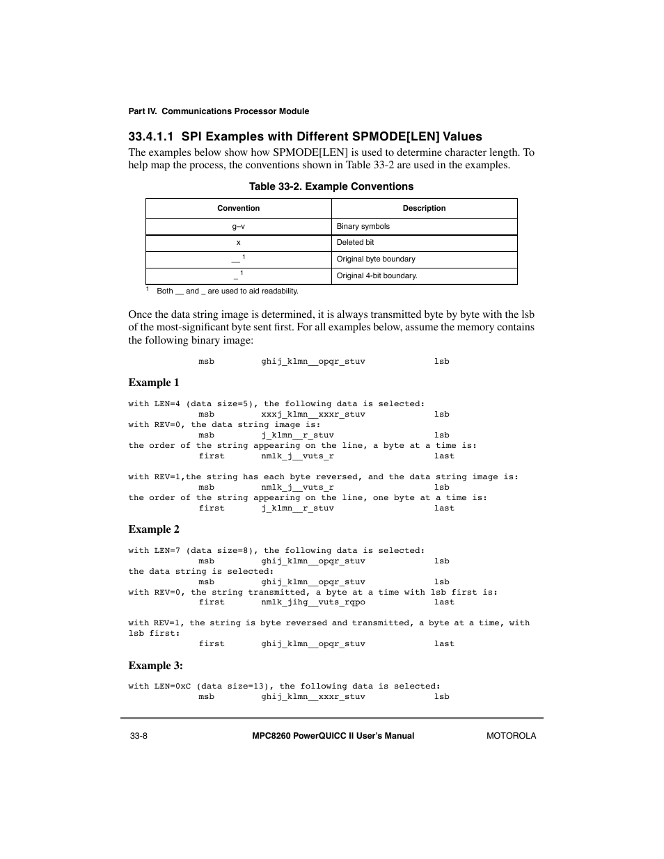 1 spi examples with different spmode[len] values, Spi examples with different spmode[len] values -8, Example conventions -8 | Example 1, Example 2, Example 3 | Motorola MPC8260 User Manual | Page 932 / 1006