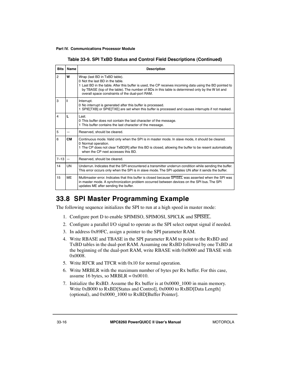 8 spi master programming example, Spi master programming example -16 | Motorola MPC8260 User Manual | Page 940 / 1006
