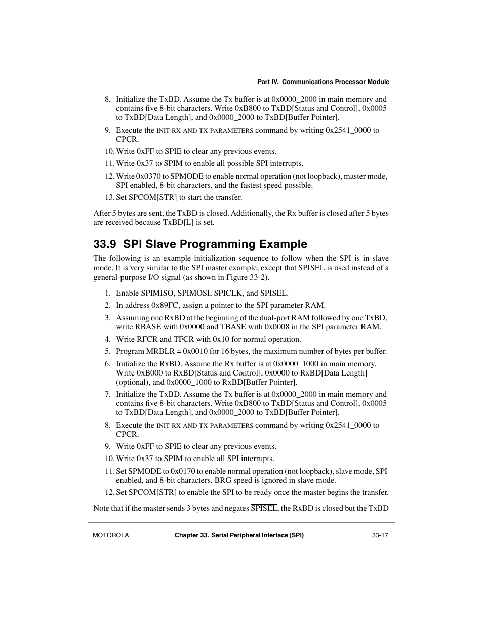 9 spi slave programming example, Spi slave programming example -17 | Motorola MPC8260 User Manual | Page 941 / 1006