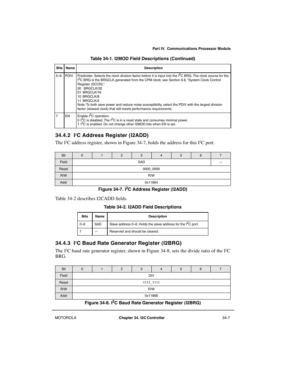 2 i2c address register (i2add), 3 i2c baud rate generator register (i2brg), I2add field descriptions -7 | C address register (i2add), C baud rate generator register (i2brg), The i, C port. table 34-2 describes i2cadd þelds, Cbrg | Motorola MPC8260 User Manual | Page 949 / 1006