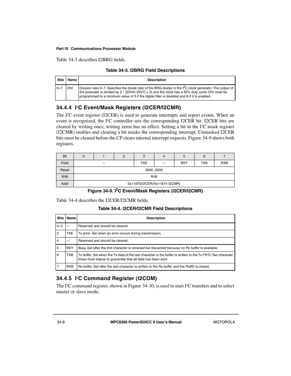 4 i2c event/mask registers (i2cer/i2cmr), 5 i2c command register (i2com), I2c event/mask registers (i2cer/i2cmr) -8 | I2brg field descriptions -8, I2cer/i2cmr field descriptions -8, C event/mask registers (i2cer/i2cmr), C command register (i2com), Table 34-3 describes i2brg þelds, The i, C transfers and to select master or slave mode | Motorola MPC8260 User Manual | Page 950 / 1006