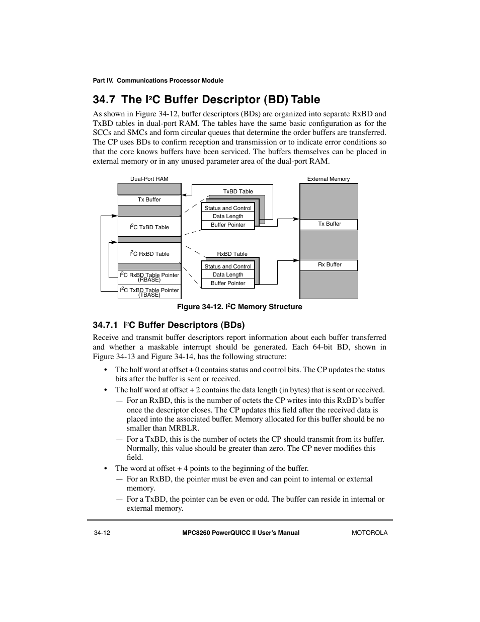 7 the i2c buffer descriptor (bd) table, 1 i2c buffer descriptors (bds), The i | 7 the i, C buffer descriptor (bd) table, C buffer descriptors (bds) | Motorola MPC8260 User Manual | Page 954 / 1006
