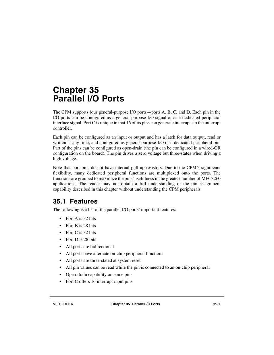 Chapter35 parallel i/o ports, 1 features, Chapter 35 | Parallel i/o ports, Features -1, Chapter 35, òparallel i/o ports, Ó and chapter 35, òparallel i/o ports, See chapter 35, òparallel i/o ports, Chapter 35 parallel i/o ports | Motorola MPC8260 User Manual | Page 957 / 1006