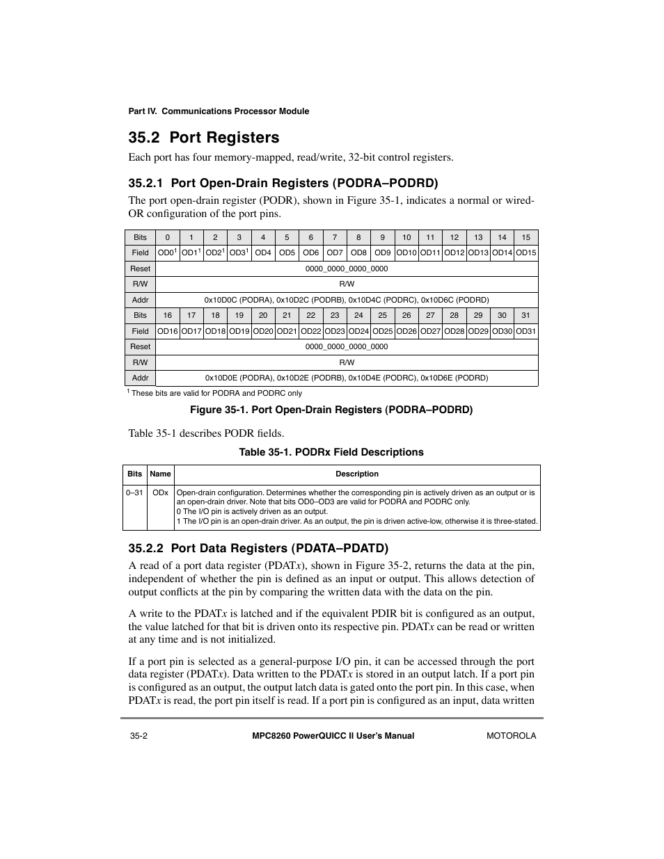 2 port registers, 1 port open-drain registers (podra–podrd), 2 port data registers (pdata–pdatd) | Port registers -2, Port open-drain registers (podraðpodrd) -2, Podrx field descriptions -2, Registers, 1 port open-drain registers (podraðpodrd), 2 port data registers (pdataðpdatd) | Motorola MPC8260 User Manual | Page 958 / 1006