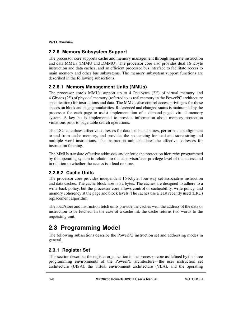 6 memory subsystem support, 1 memory management units (mmus), 2 cache units | 3 programming model, 1 register set, Memory subsystem support -8, Memory management units (mmus) -8, Cache units -8, Programming model -8, Register set -8 | Motorola MPC8260 User Manual | Page 96 / 1006