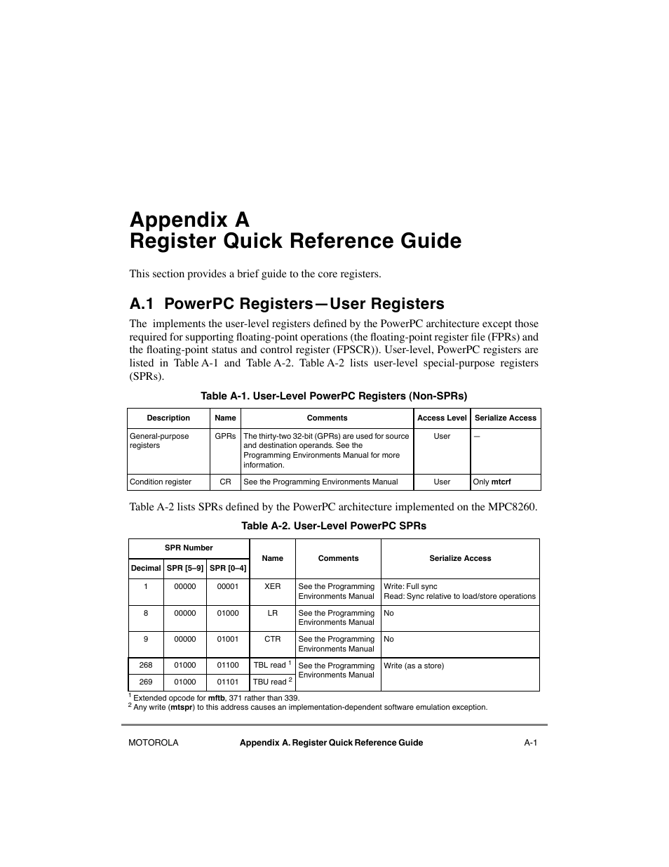 A.1 powerpc registers—user registers, Appendix a, Register quick reference guide | Appendix a, òregister quick reference guide, Appendix a register quick reference guide, A.1 powerpc registersñuser registers | Motorola MPC8260 User Manual | Page 977 / 1006