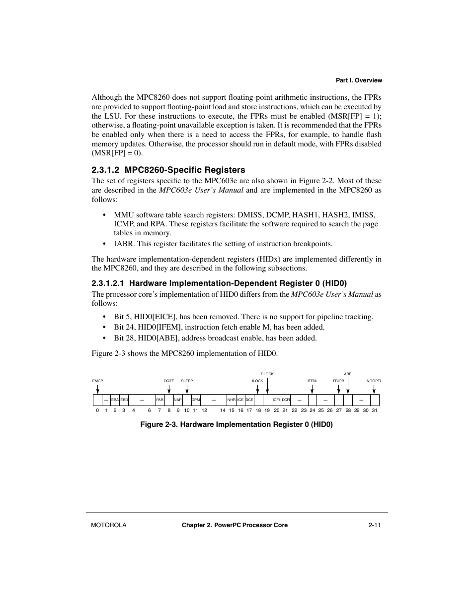 2 mpc8260-specific registers, Mpc8260-specific registers -11, Hardware implementation register 0 (hid0) -11 | Motorola MPC8260 User Manual | Page 99 / 1006