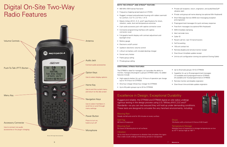 Digital on-site two-way radio features, Excellence in design; exceptional durability | Motorola Motorla Digital on-site two-way radios and accessories DTR550 User Manual | Page 4 / 7