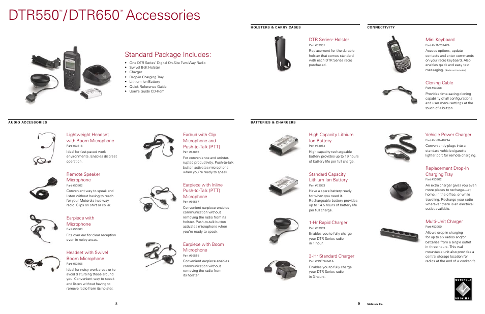Dtr550, Dtr650, Accessories | Standard package includes | Motorola Motorla Digital on-site two-way radios and accessories DTR550 User Manual | Page 5 / 7