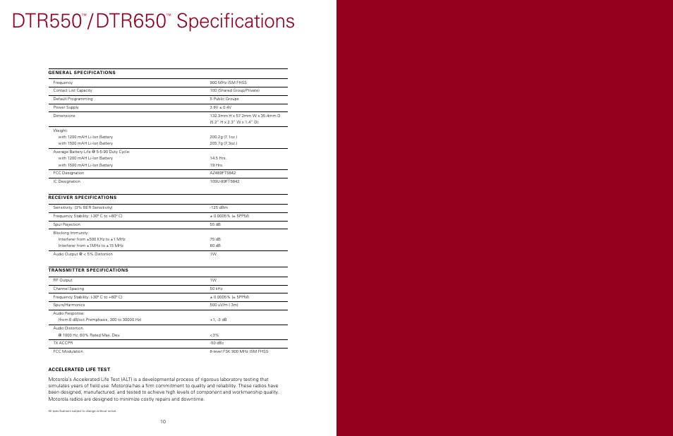 Dtr550, Dtr650, Speciﬁcations | Motorola Motorla Digital on-site two-way radios and accessories DTR550 User Manual | Page 6 / 7