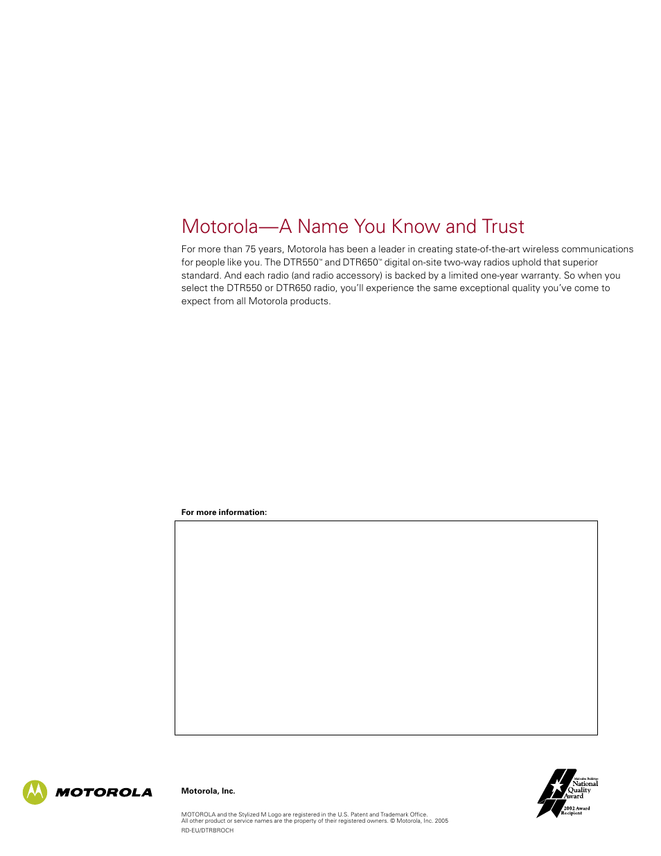 Motorola—a name you know and trust | Motorola Motorla Digital on-site two-way radios and accessories DTR550 User Manual | Page 7 / 7