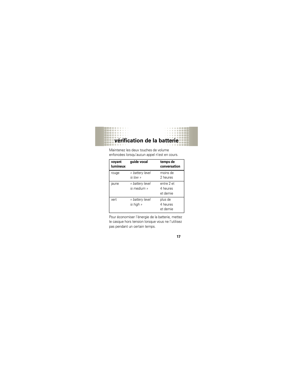 Vérification de la batterie | Motorola HX1 User Manual | Page 107 / 138