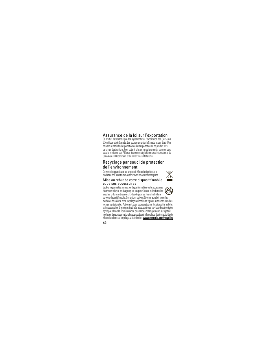 Loi sur l’exportation, Information sur le recyclage, Assurance de la loi sur l’exportation | Motorola HX1 User Manual | Page 132 / 138