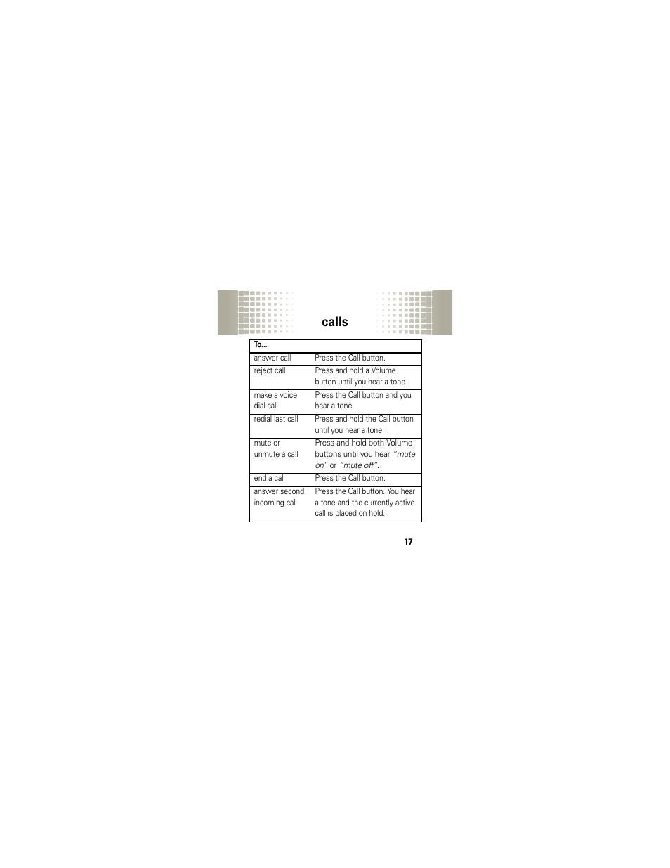 Calls | Motorola HX1 User Manual | Page 19 / 138