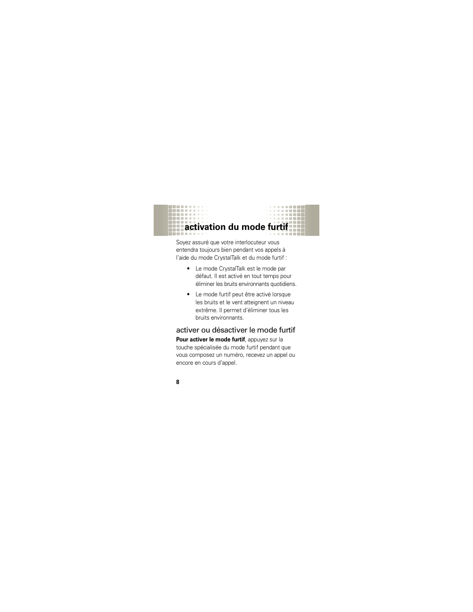 Activation du mode furtif, Activer ou désactiver le mode furtif | Motorola HX1 User Manual | Page 98 / 138