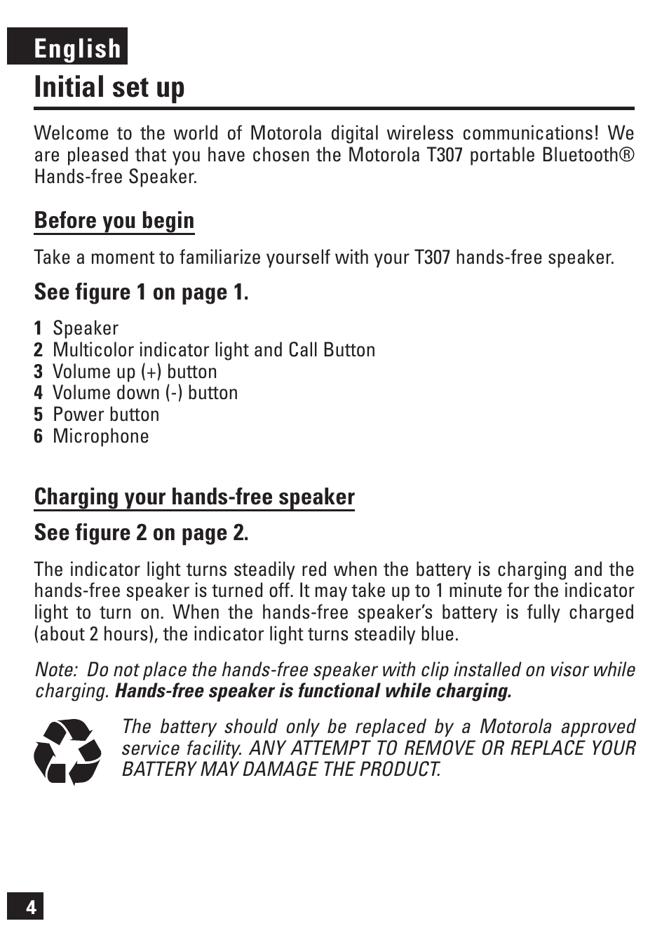 Initial set up, Anguage, English | Motorola 6803578F61 User Manual | Page 5 / 11