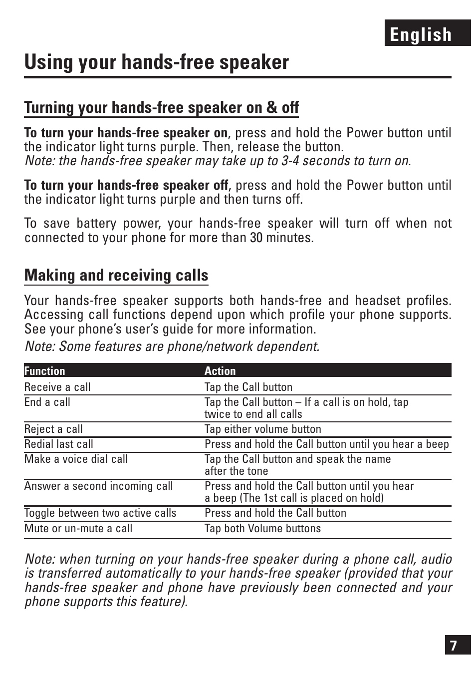 Using your hands-free speaker, English, Turning your hands-free speaker on & off | Making and receiving calls | Motorola 6803578F61 User Manual | Page 8 / 11