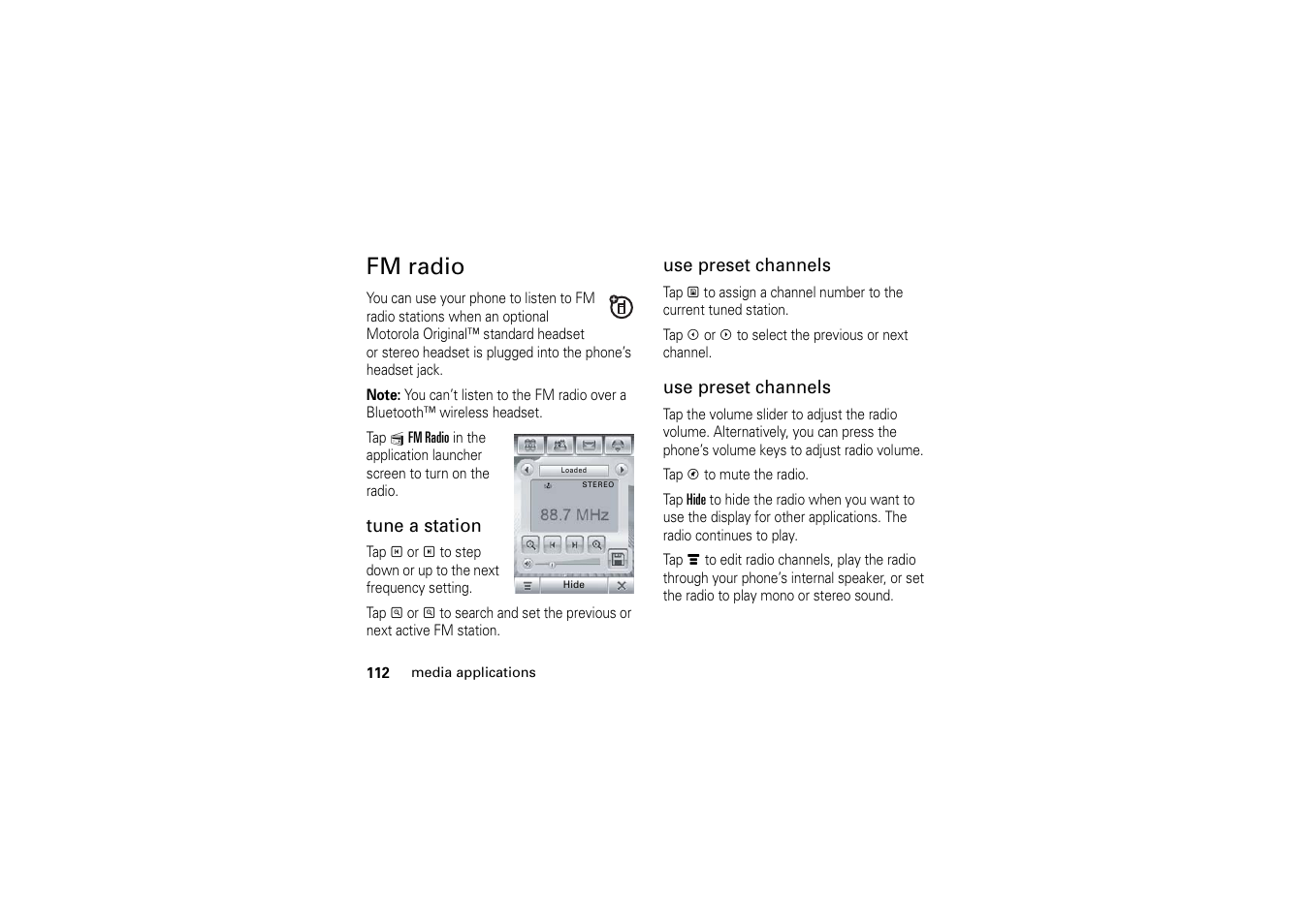 Fm radio | Motorola A1200 User Manual | Page 114 / 144