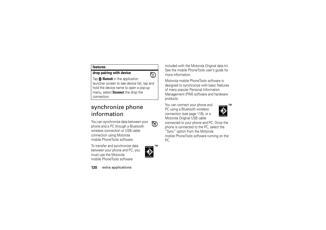 Synchronize phone information | Motorola A1200 User Manual | Page 122 / 144