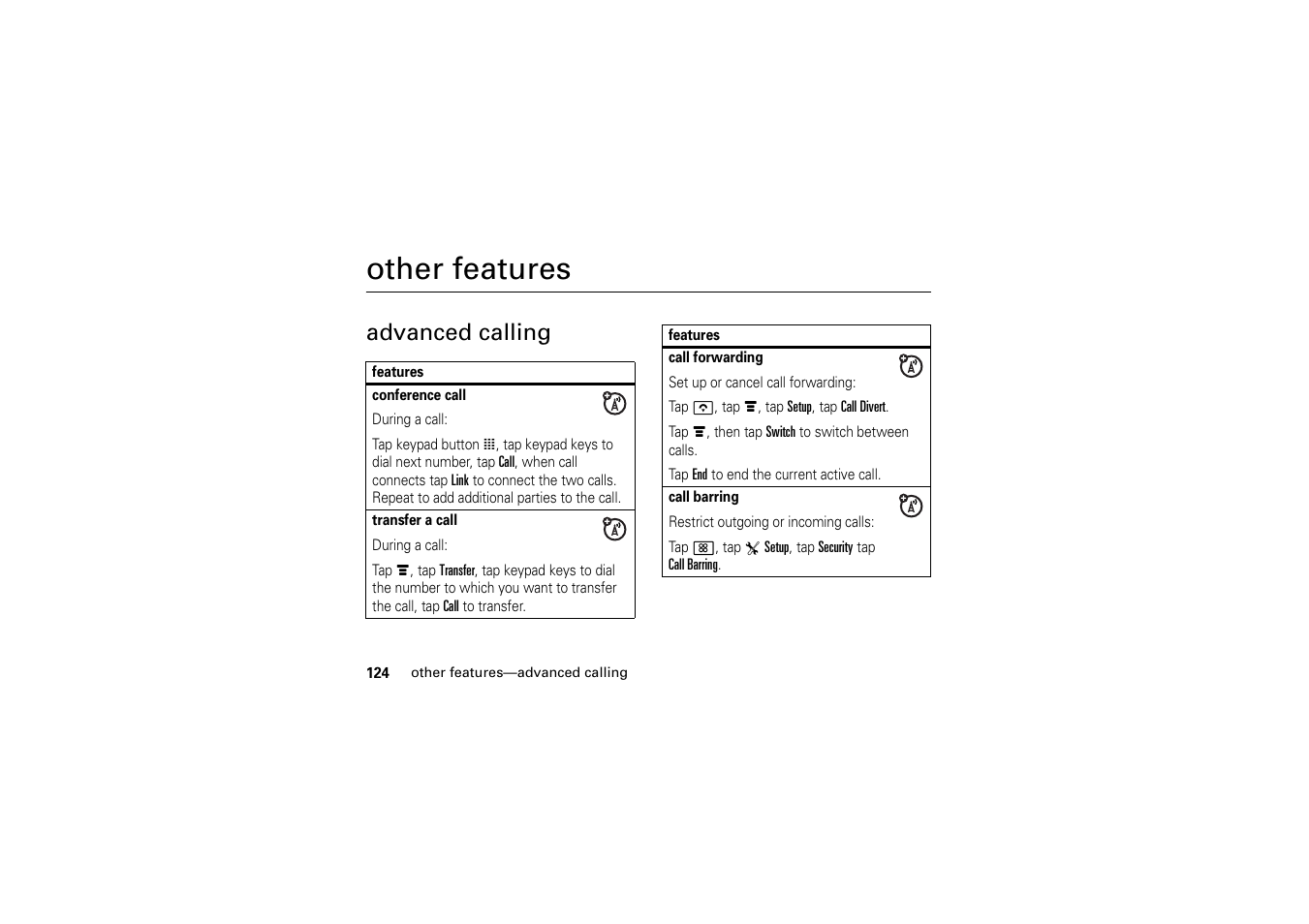 Other features, Advanced calling | Motorola A1200 User Manual | Page 126 / 144