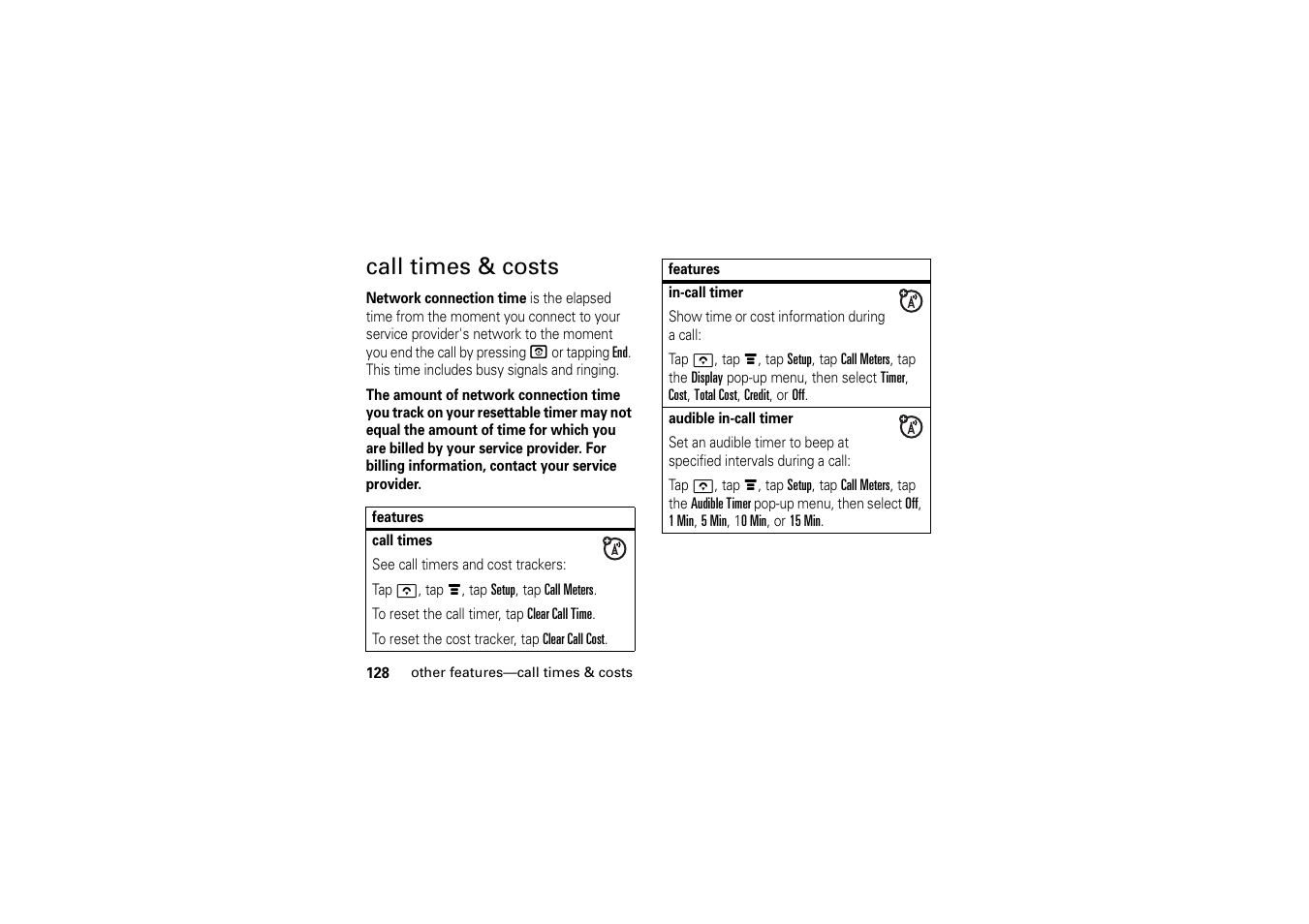 Call times & costs | Motorola A1200 User Manual | Page 130 / 144