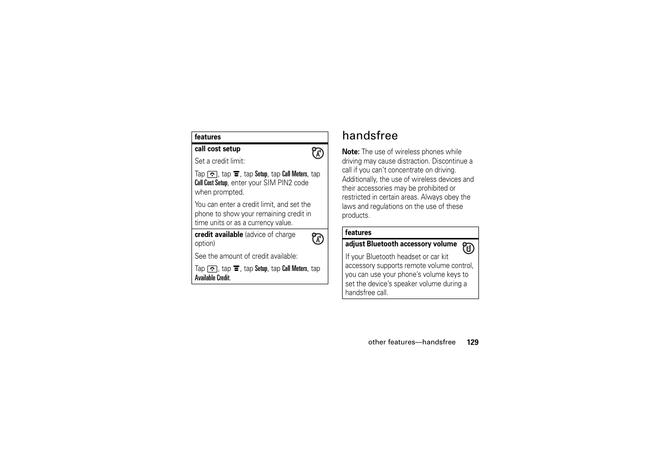 Handsfree | Motorola A1200 User Manual | Page 131 / 144