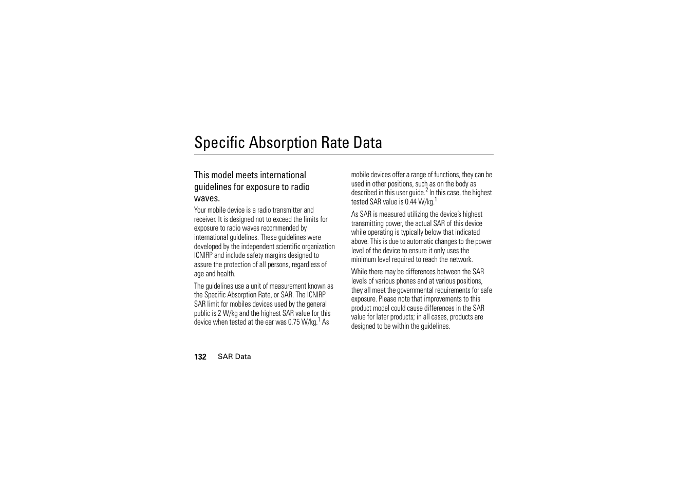 Sar data, Specific absorption rate data | Motorola A1200 User Manual | Page 134 / 144