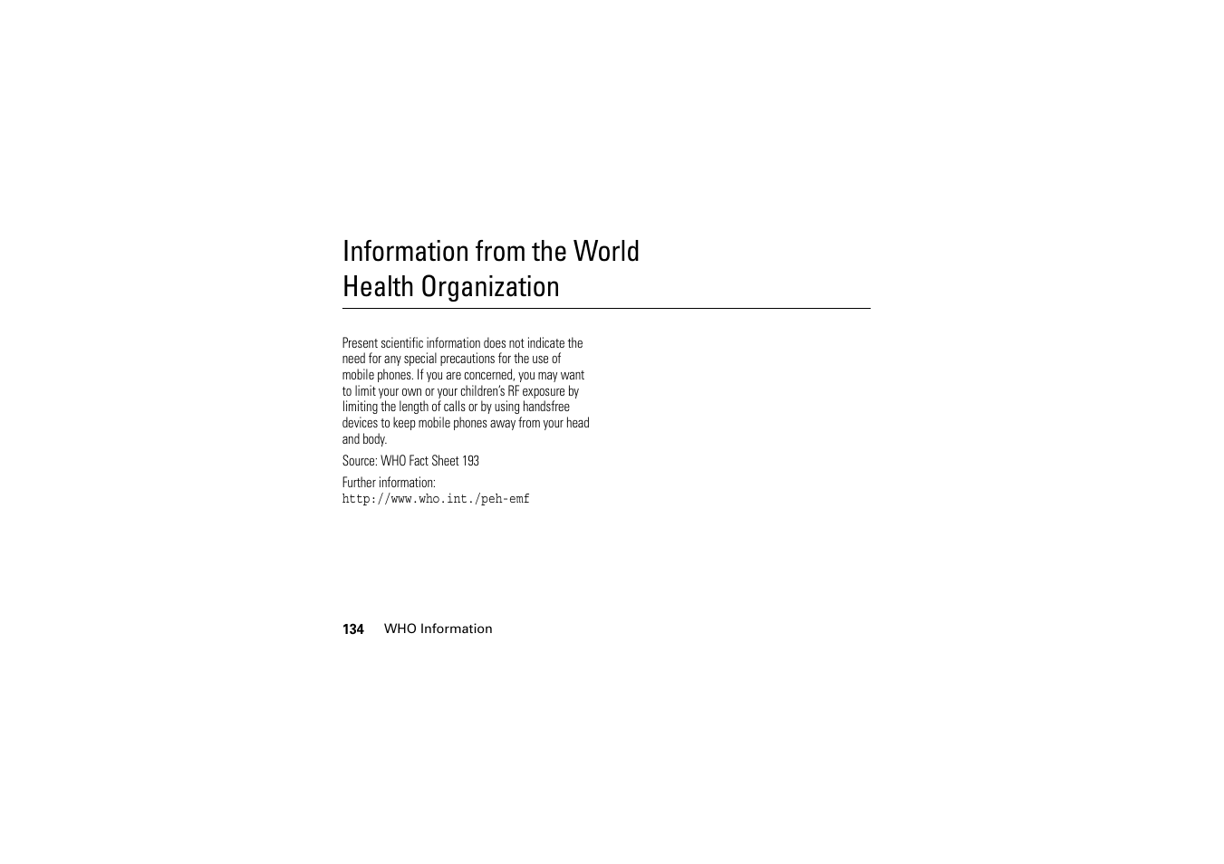 Who information, Information from the world health organization | Motorola A1200 User Manual | Page 136 / 144