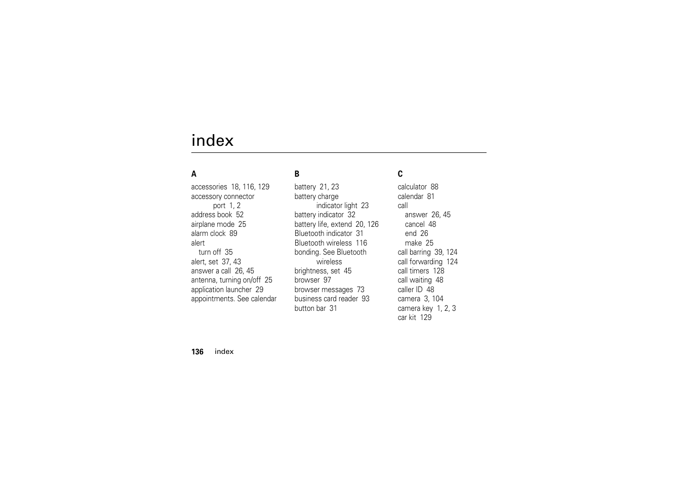 Index | Motorola A1200 User Manual | Page 138 / 144