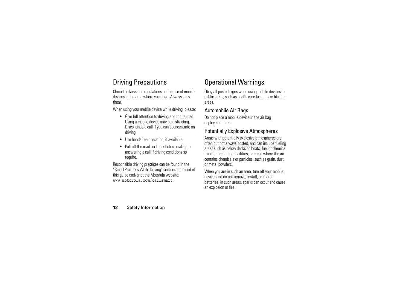 Driving precautions, Operational warnings | Motorola A1200 User Manual | Page 14 / 144