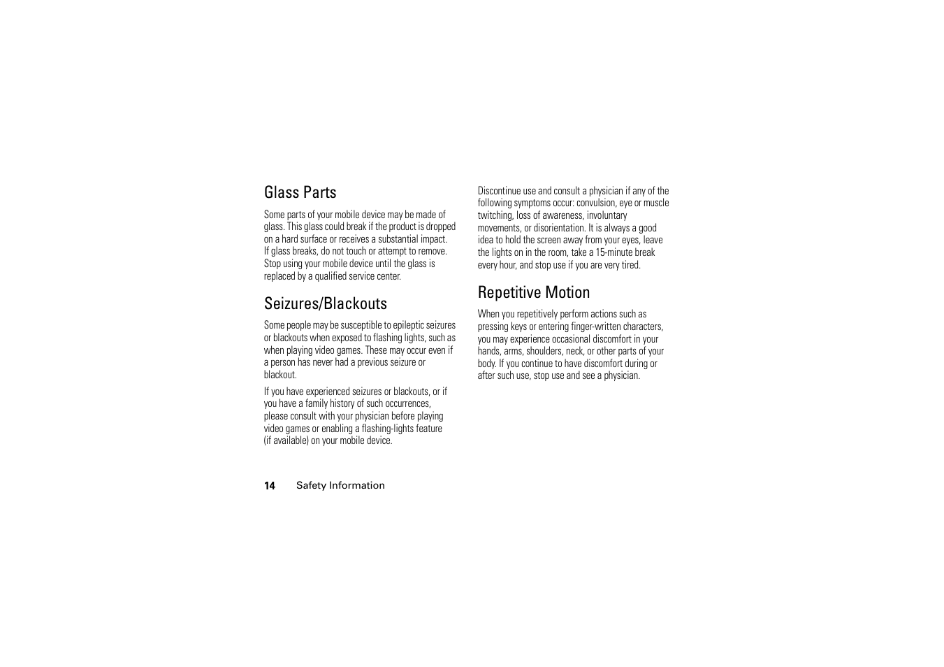 Glass parts, Seizures/blackouts, Repetitive motion | Motorola A1200 User Manual | Page 16 / 144