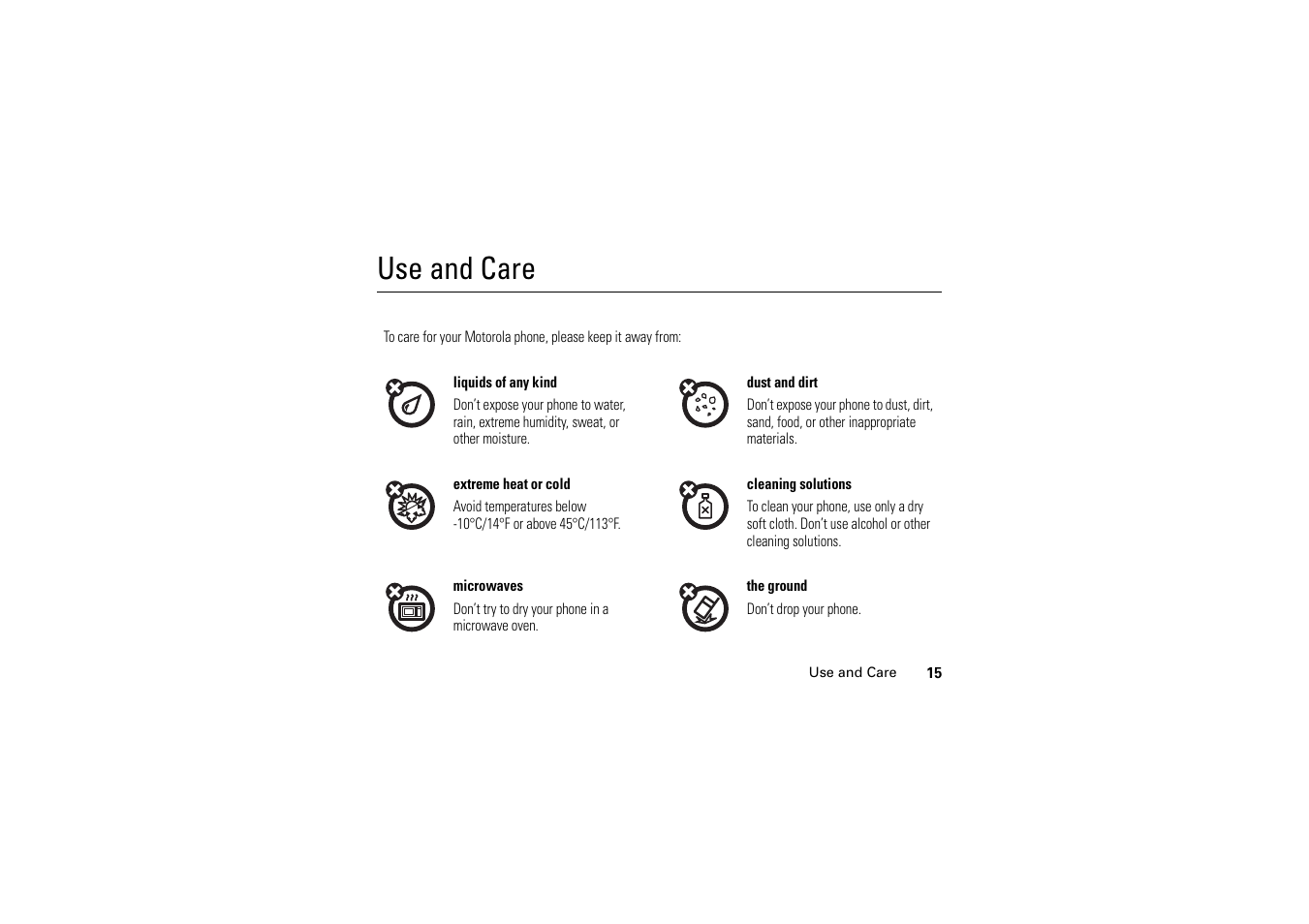 Use and care | Motorola A1200 User Manual | Page 17 / 144