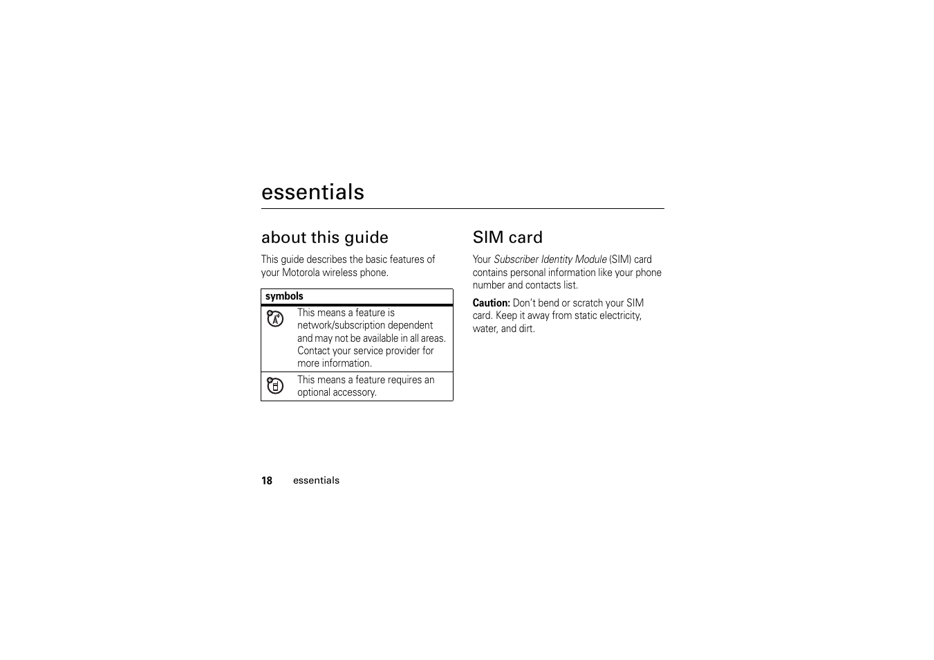 Essentials, About this guide, Sim card | About this guide sim card | Motorola A1200 User Manual | Page 20 / 144