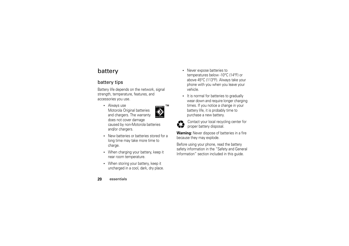 Battery | Motorola A1200 User Manual | Page 22 / 144