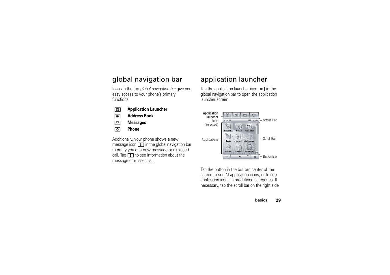 Global navigation bar, Application launcher | Motorola A1200 User Manual | Page 31 / 144