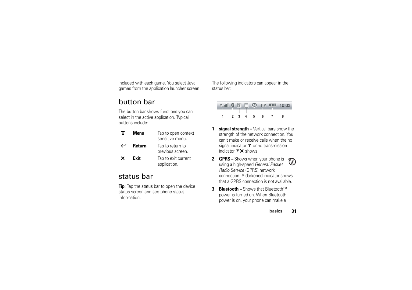 Button bar, Status bar, Button bar status bar | Motorola A1200 User Manual | Page 33 / 144