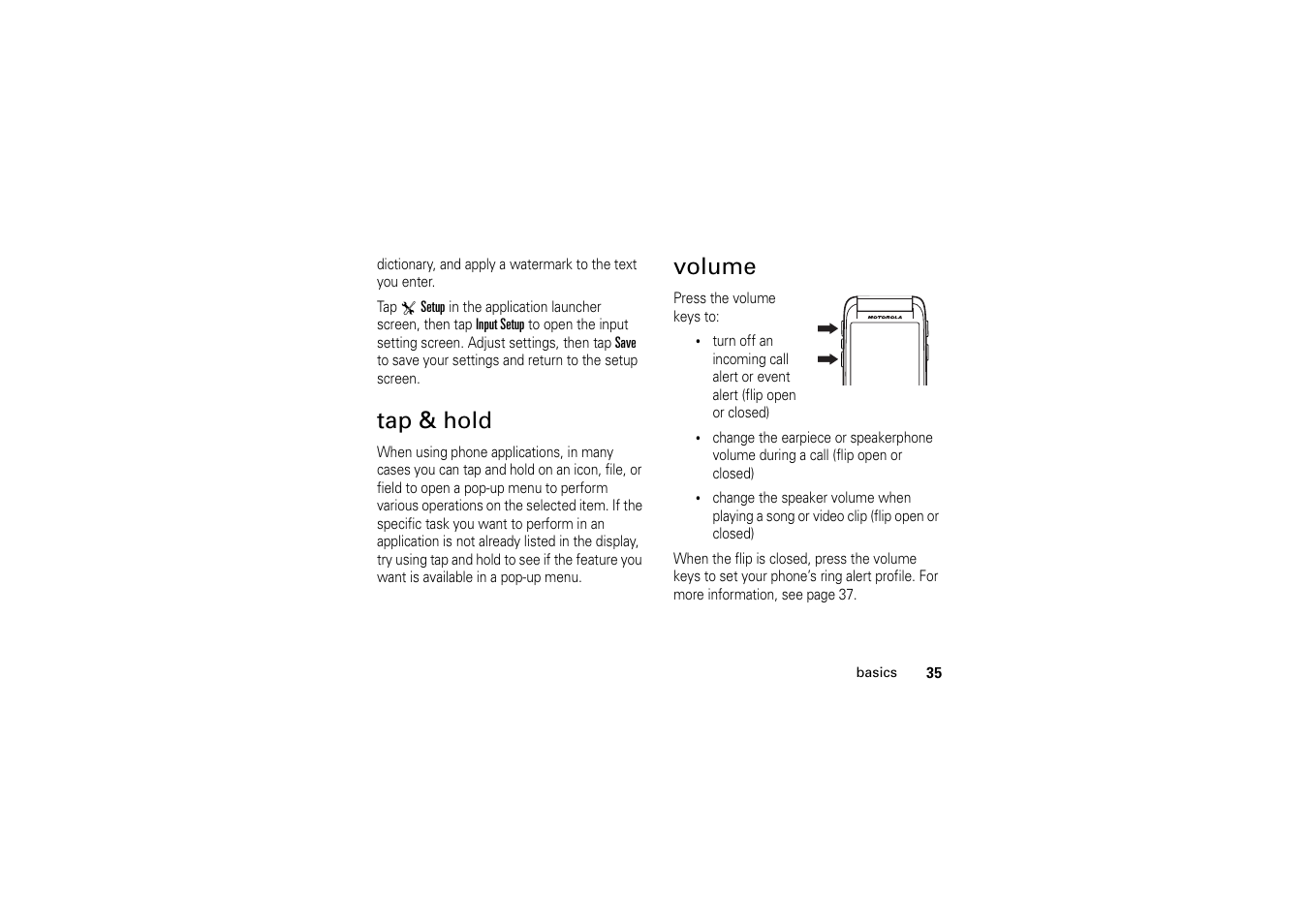 Tap & hold, Volume, Tap & hold volume | Motorola A1200 User Manual | Page 37 / 144