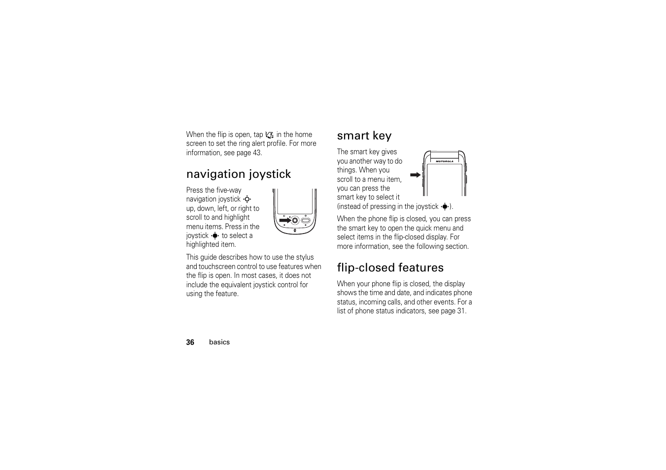 Navigation joystick, Smart key, Flip-closed features | Navigation joystick smart key flip-closed features | Motorola A1200 User Manual | Page 38 / 144