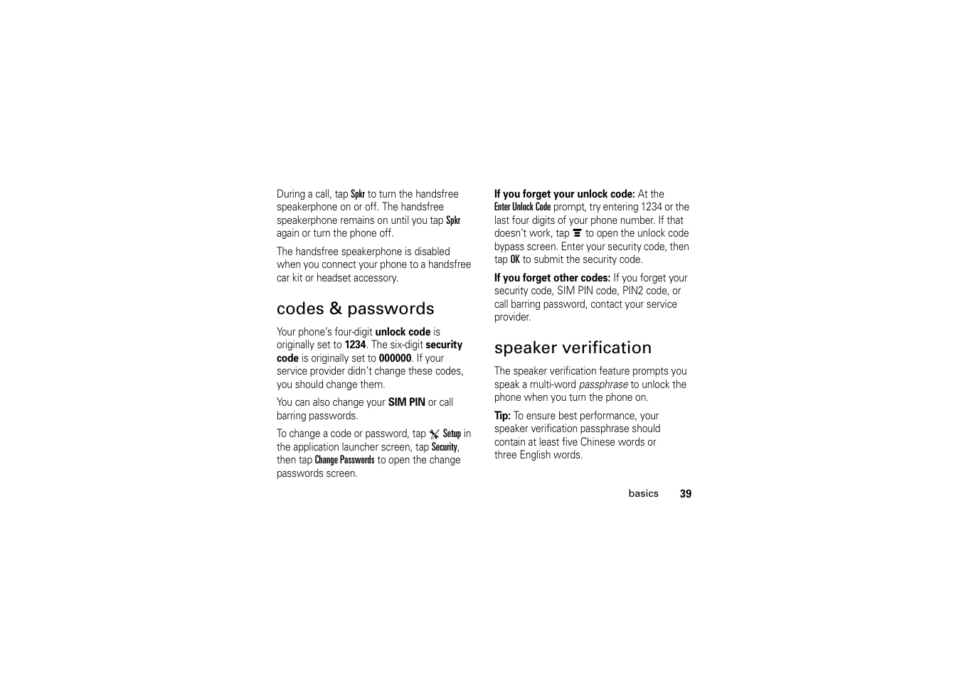 Codes & passwords, Speaker verification, Codes & passwords speaker verification | Motorola A1200 User Manual | Page 41 / 144