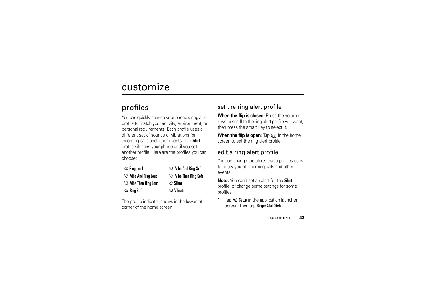 Customize, Profiles | Motorola A1200 User Manual | Page 45 / 144