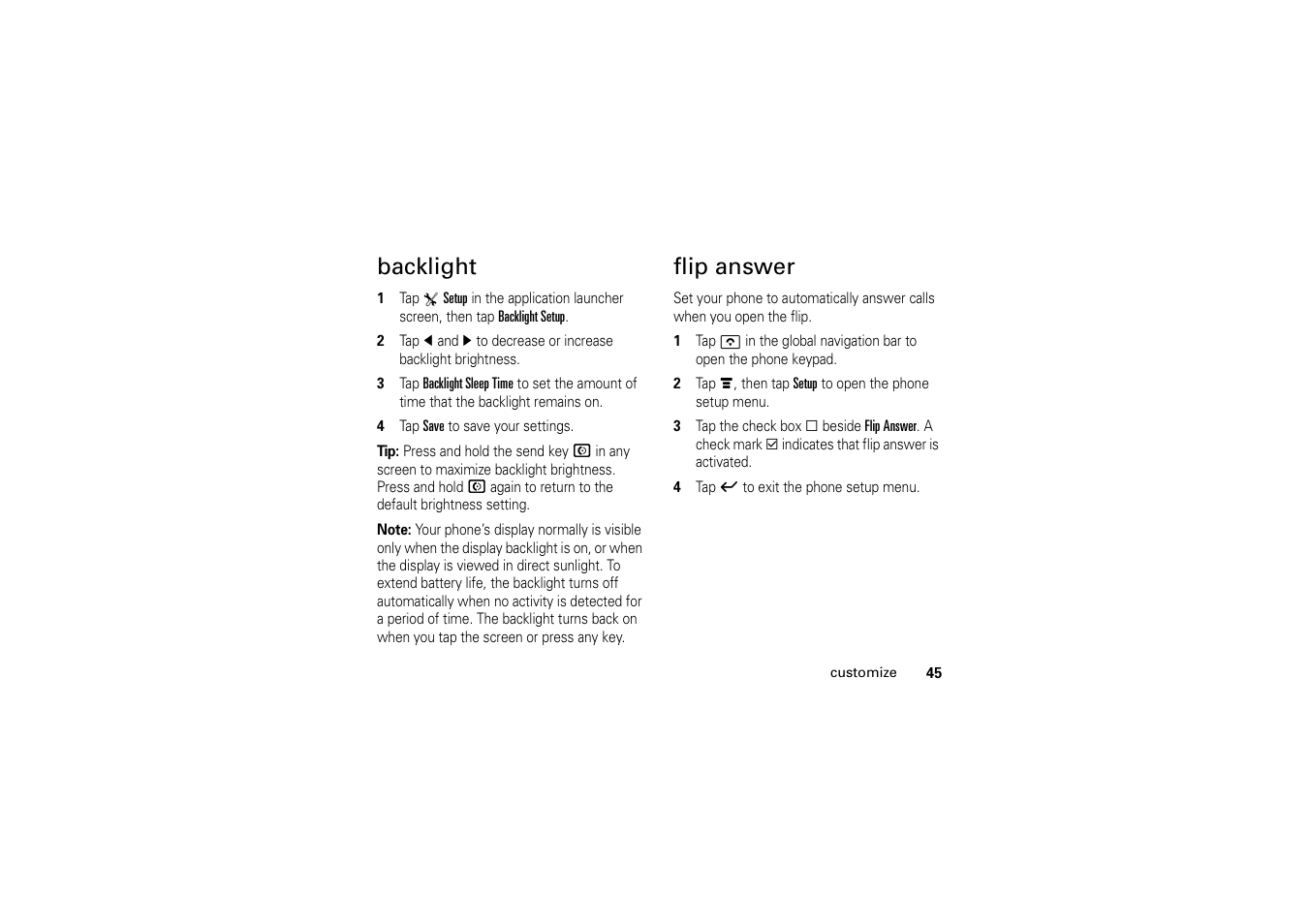 Backlight, Flip answer, Backlight flip answer | Motorola A1200 User Manual | Page 47 / 144