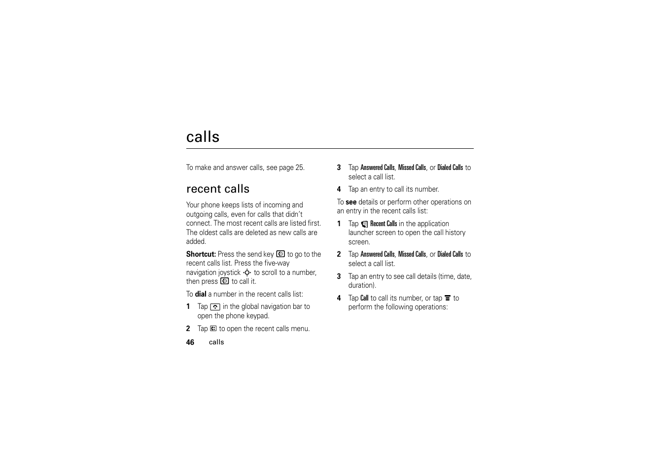 Calls, Recent calls | Motorola A1200 User Manual | Page 48 / 144