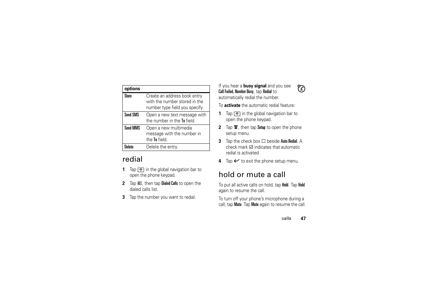 Redial, Hold or mute a call, Redial hold or mute a call | Motorola A1200 User Manual | Page 49 / 144